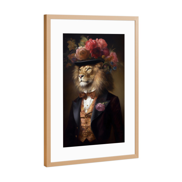 Poster mit Rahmen Kupfer "Herr Löwe mit Blumen" artboxONE - Tiere