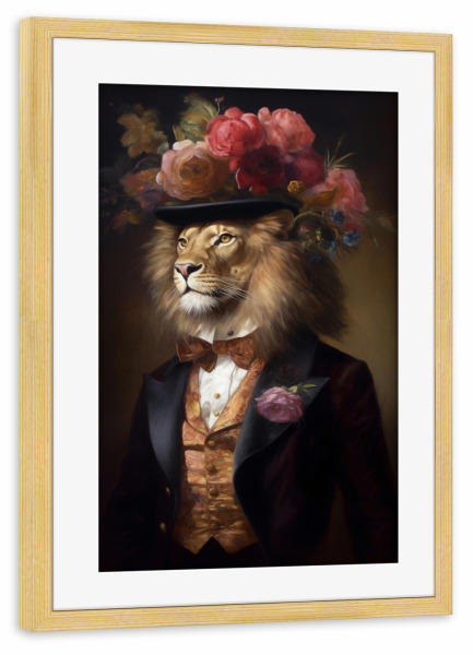 Poster mit Rahmen kiefer "Herr Löwe mit Blumen" artboxONE - Tiere
