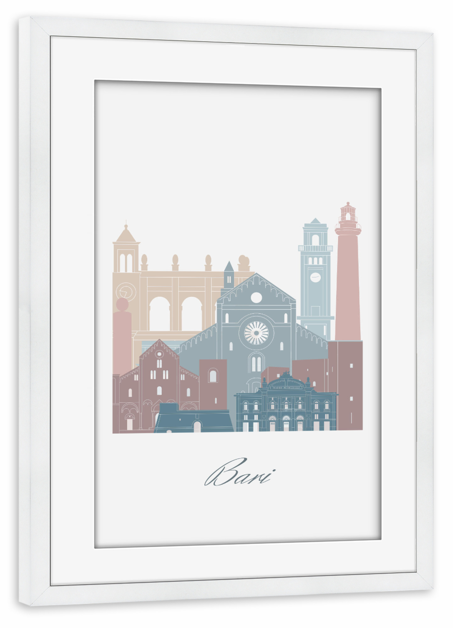 Poster mit Rahmen weiß "Bari-Skyline im Erdtöne-Stil" artboxONE - Städte,Reise,Architektur,Kartografie