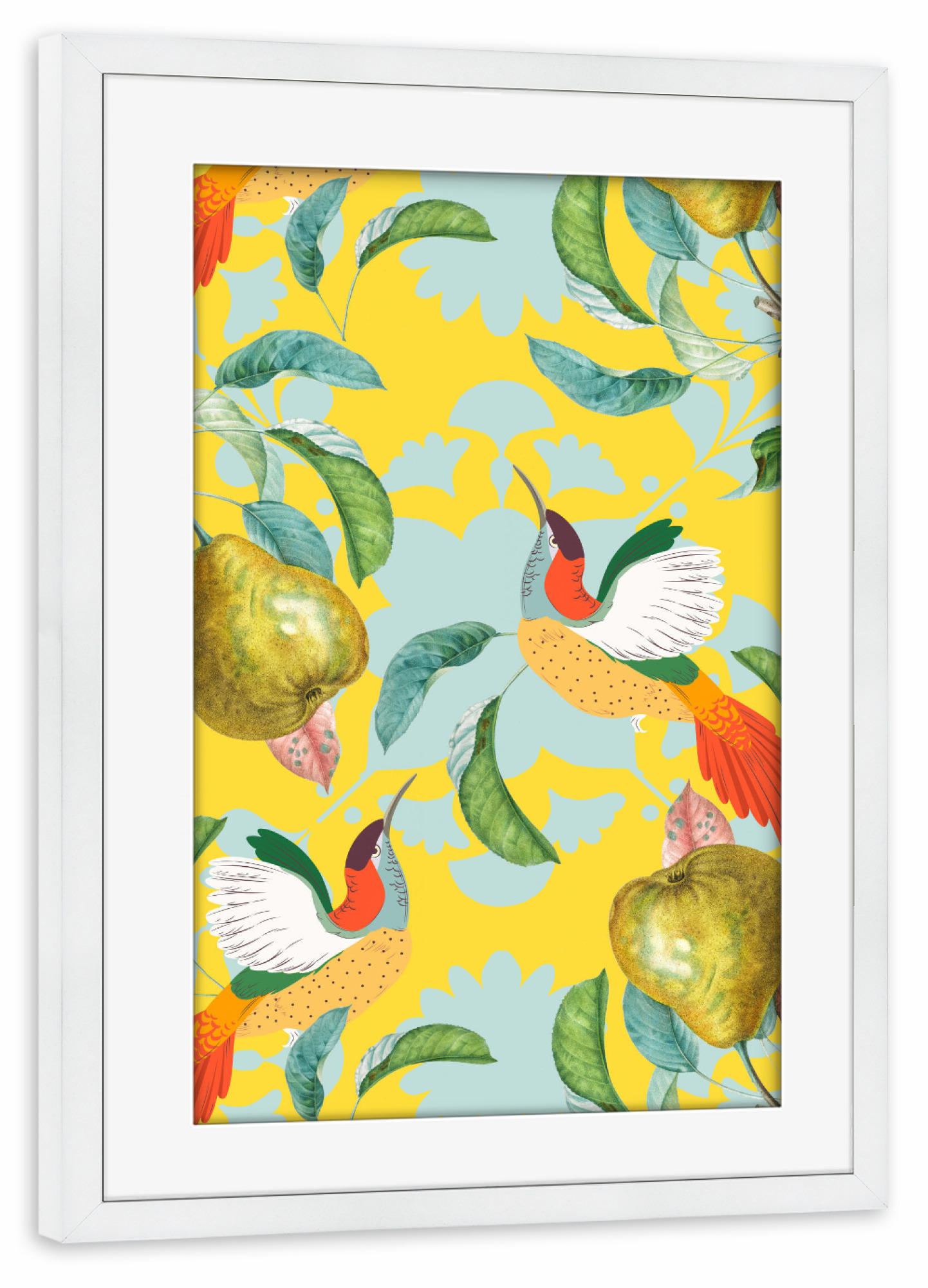 Poster mit Rahmen weiß "Tropische Denkweise" artboxONE - Essen & Trinken - Muster,Tropisch,Birne,Botanische,Dschungel,Vögel,Tiere,Marokko