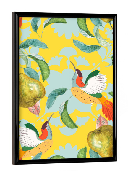 Poster mit schwarzem Rahmen "Tropische Denkweise" artboxONE - Essen & Trinken - Muster,Tropisch,Birne,Botanische,Dschungel,Vögel,Tiere,Marokko