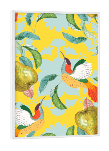 Poster mit weißem Rahmen "Tropische Denkweise" artboxONE - Essen & Trinken - Muster,Tropisch,Birne,Botanische,Dschungel,Vögel,Tiere,Marokko