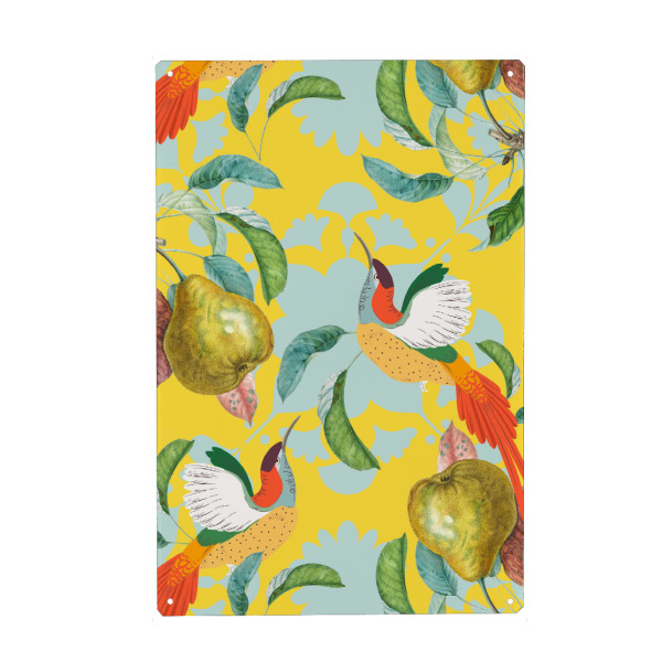 Metall Poster "Tropische Denkweise" artboxONE - Essen & Trinken - Muster,Tropisch,Birne,Botanische,Dschungel,Vögel,Tiere,Marokko - Blechschild