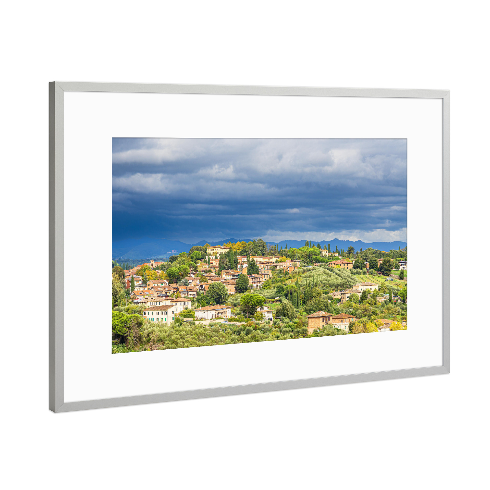Poster mit Rahmen Silber "Häuser, Hügel, Wolken" artboxONE - Natur,Reise,Architektur,Reise / Länder,Städte / Weitere