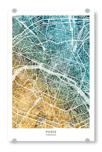 Acrylglasbild "Paris Stadtplan Blaugrün" artboxONE - Städte - Paris,Frankreich,Stadtkarte,Karte,Stadtplan,Aquarell,Malerei