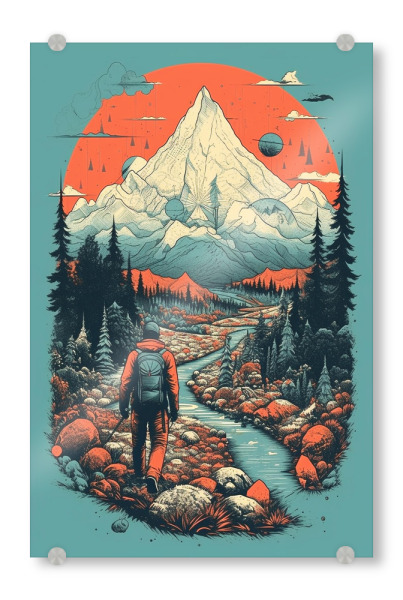 Acrylglasbild "Urlaub in den bergen" artboxONE - Natur,Reise - Travel,Berge,Wandern,Logo,Wanderweg,Sport,Digital art,Fluss,Bergsteigen,Wellness