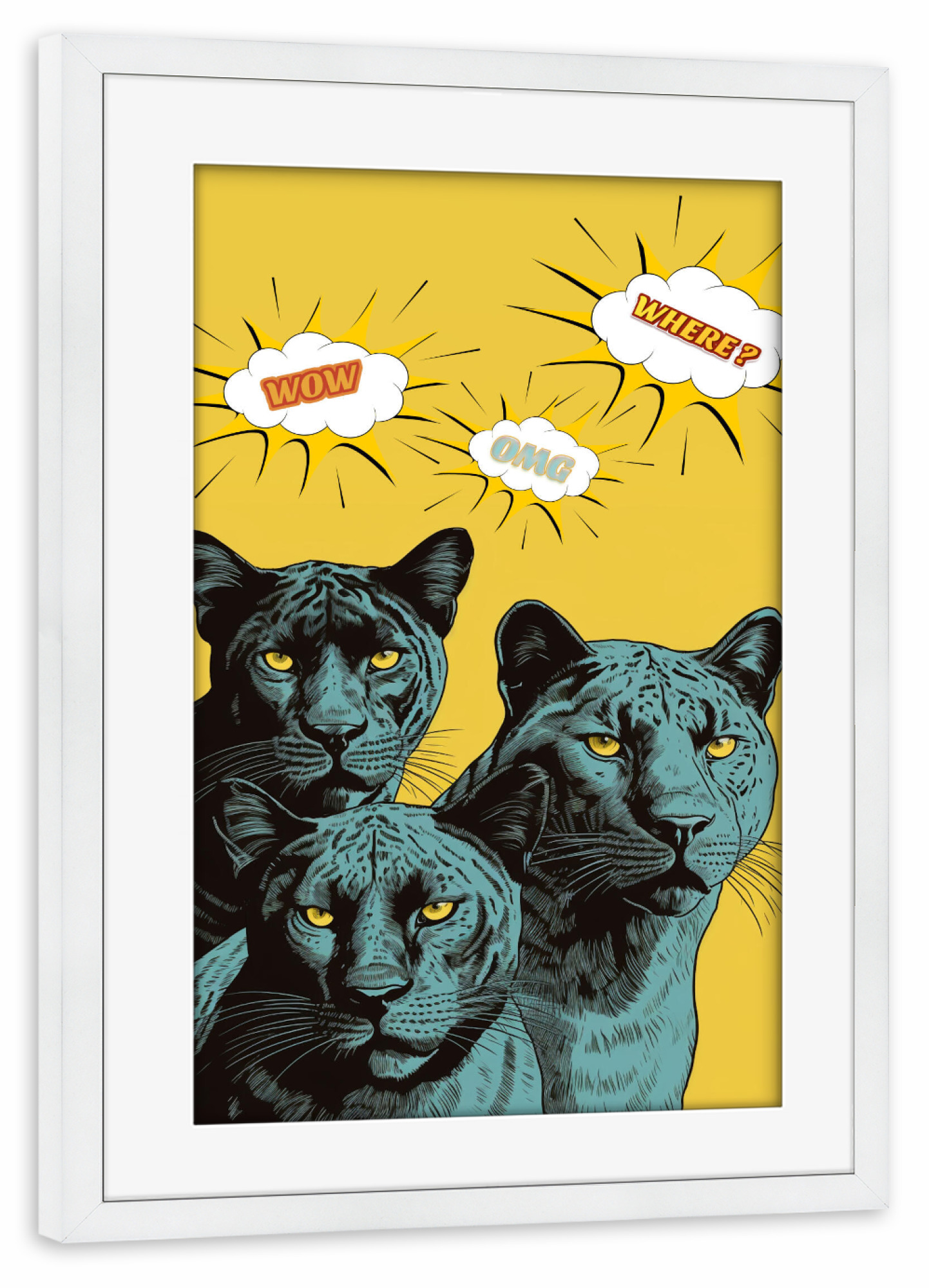 Poster mit Rahmen weiß "Drei Panthers" artboxONE - Tiere - Panther,Tier,Popart,Sprechblase,Gelb,Illustration,Lustig,Art,Katze,Raubkatze
