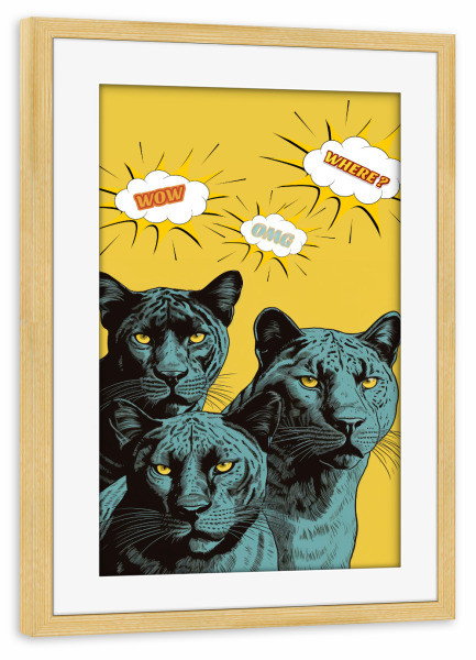 Poster mit Rahmen kiefer "Drei Panthers" artboxONE - Tiere - Panther,Tier,Popart,Sprechblase,Gelb,Illustration,Lustig,Art,Katze,Raubkatze