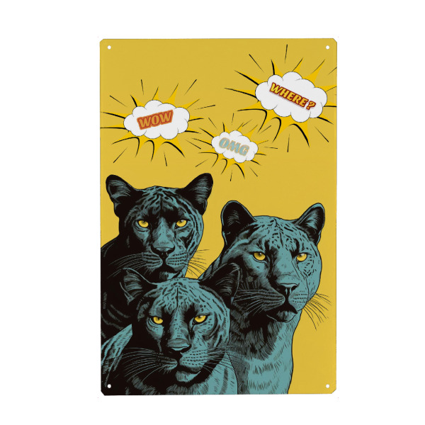 Holzbild "Drei Panthers" artboxONE - Tiere - Panther,Tier,Popart,Sprechblase,Gelb,Illustration,Lustig,Art,Katze,Raubkatze