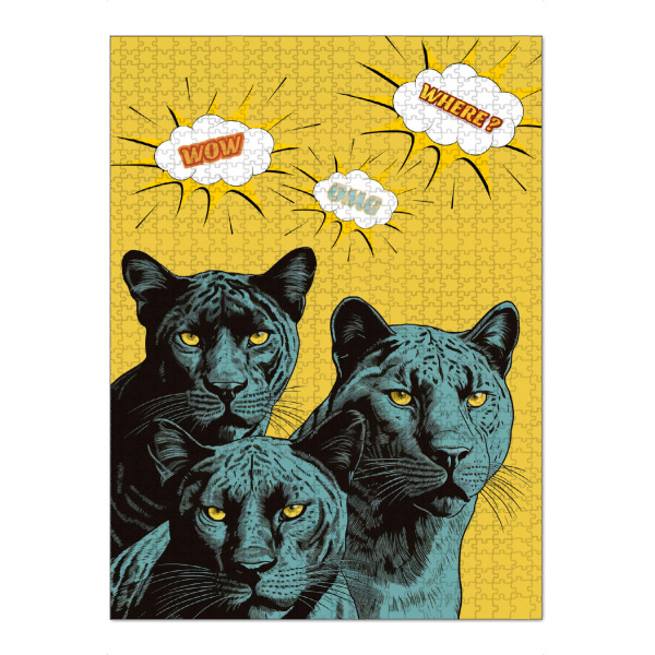 Puzzle Ravensburger "Drei Panthers" artboxONE - Tiere - Panther,Tier,Popart,Sprechblase,Gelb,Illustration,Lustig,Art,Katze,Raubkatze - Bild panther
