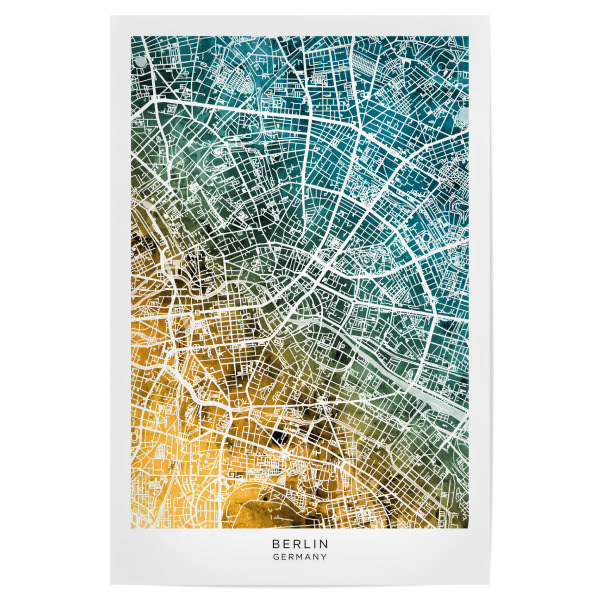 Poster 30x20 cm "Berlin Stadtplan Blaugrün" artboxONE - Städte - Berlin,Deutschland,Stadtkarte,Karte,Aquarell,Malerei