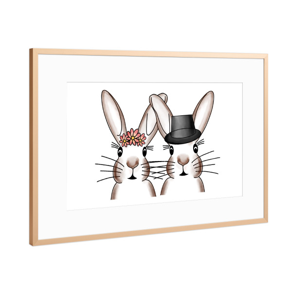 Poster mit Rahmen Kupfer "Hasen Ehepaar Blumenkranz" artboxONE - Floral,Tiere,Liebe,Lustig