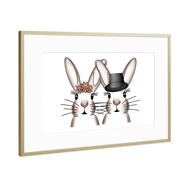 Poster mit Rahmen Gold "Hasen Ehepaar Blumenkranz" artboxONE - Floral,Tiere,Liebe,Lustig