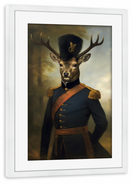 Poster mit Rahmen weiß "Hirsch in viktorianischer Uniform" artboxONE - Tiere