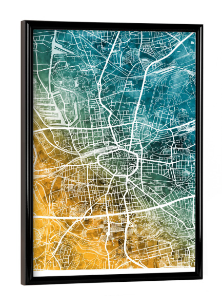 Poster mit schwarzem Rahmen "Dortmund Stadtplan Blaugrün" artboxONE - Städte - Dortmund,Deutschland,Stadtkarte,Karte,Aquarell,Malerei