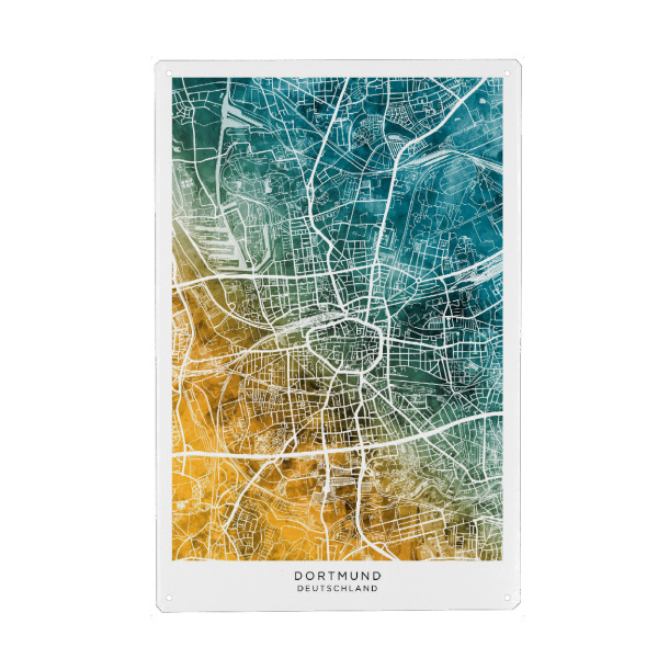 Metall Poster "Dortmund Stadtplan Blaugrün" artboxONE - Städte - Dortmund,Deutschland,Stadtkarte,Karte,Aquarell,Malerei - Blechschild