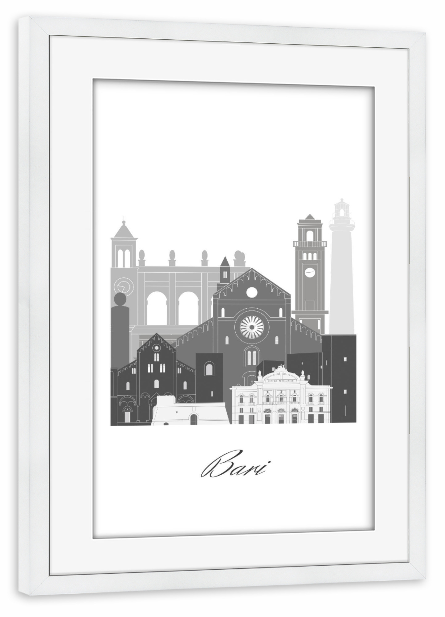 Poster mit Rahmen weiß "Bari-Skyline sw" artboxONE - Städte,Reise,Architektur,Kartografie
