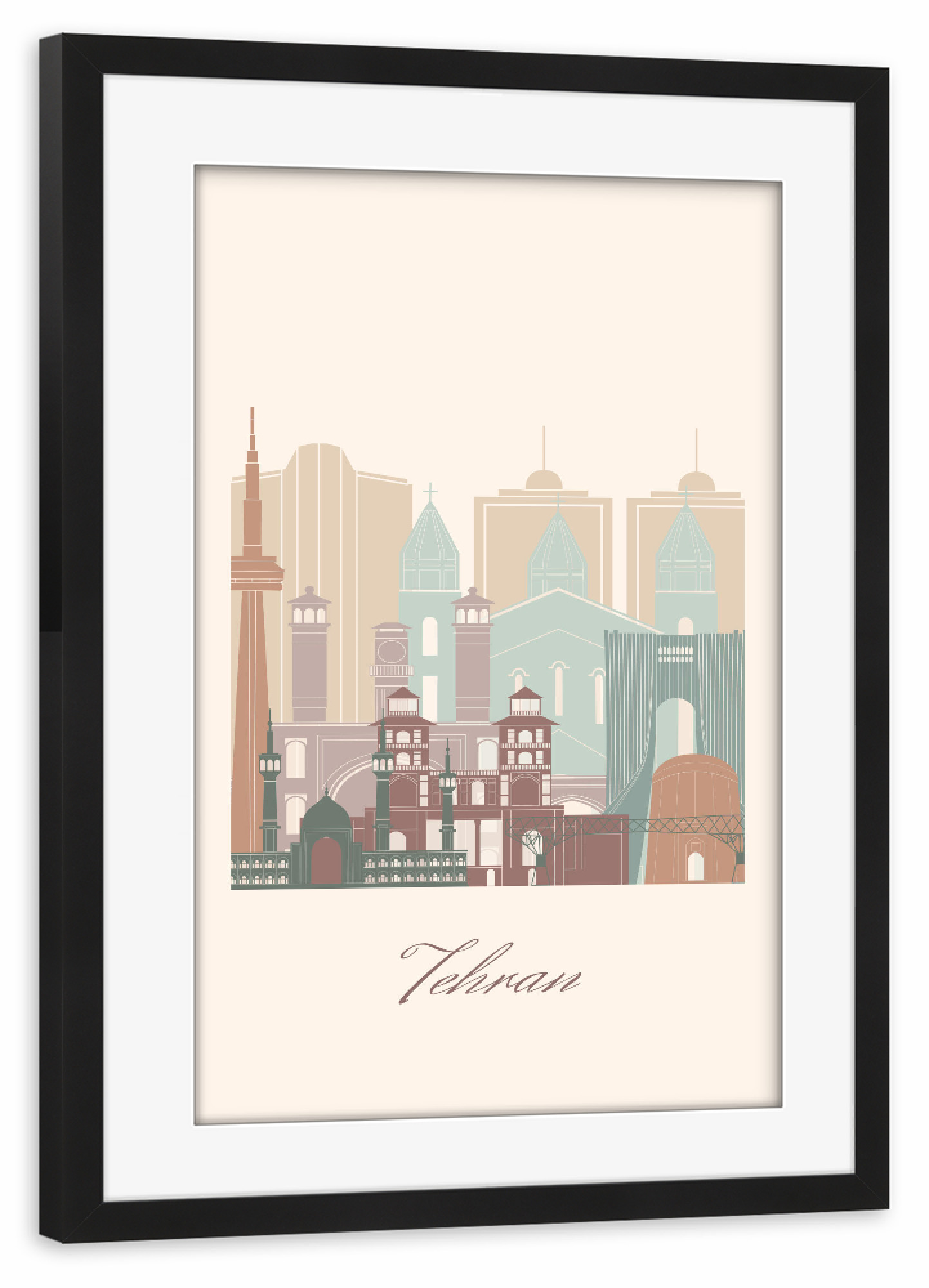 Poster mit Rahmen schwarz "Teheraner Skyline" artboxONE - Städte,Reise,Architektur,Kartografie