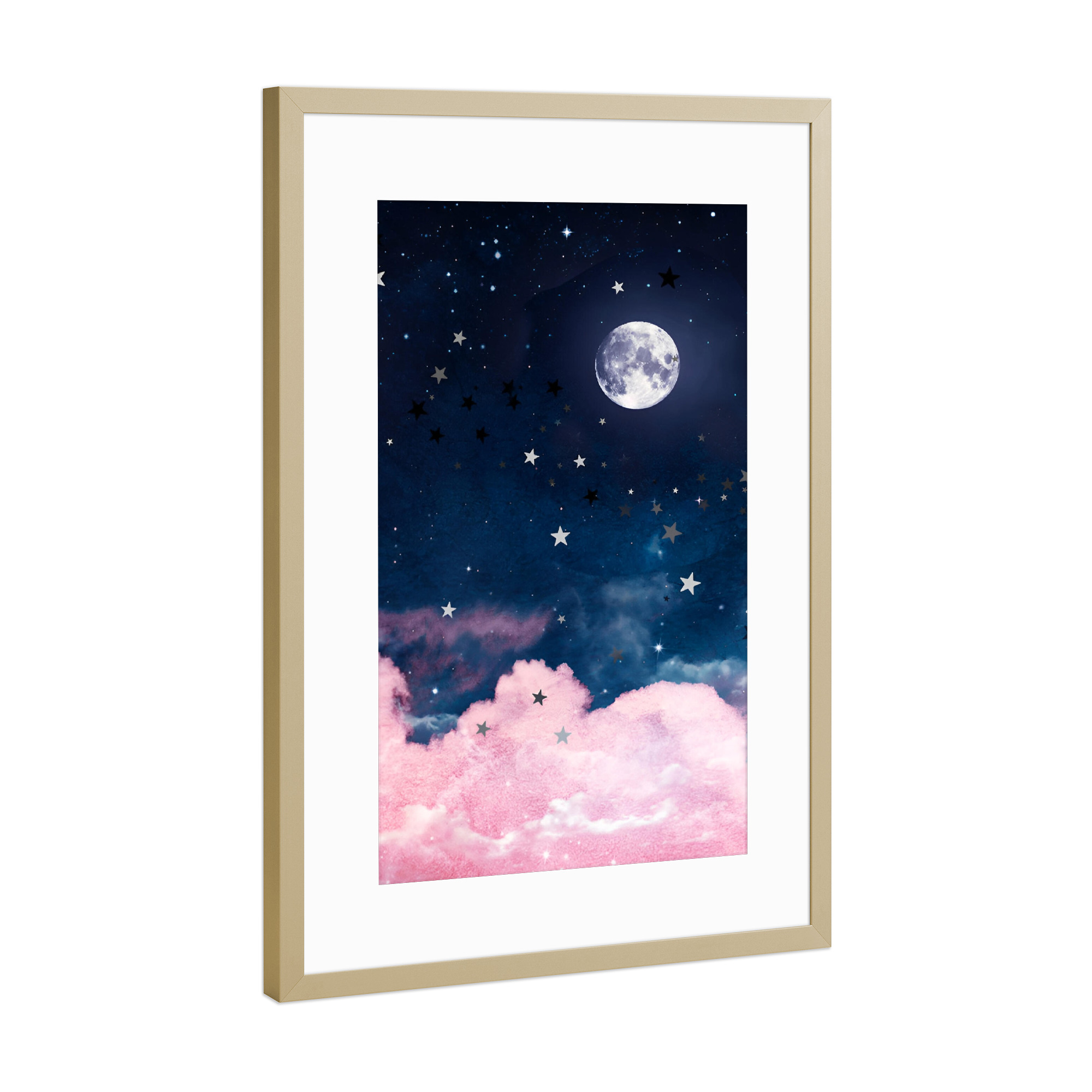 Poster mit Rahmen Gold "Süßes Mondlicht" artboxONE - Natur,Abstrakt - Blau,Sternenklar,Nacht,Wolke,Mondlicht,Mond,Magie,Süß