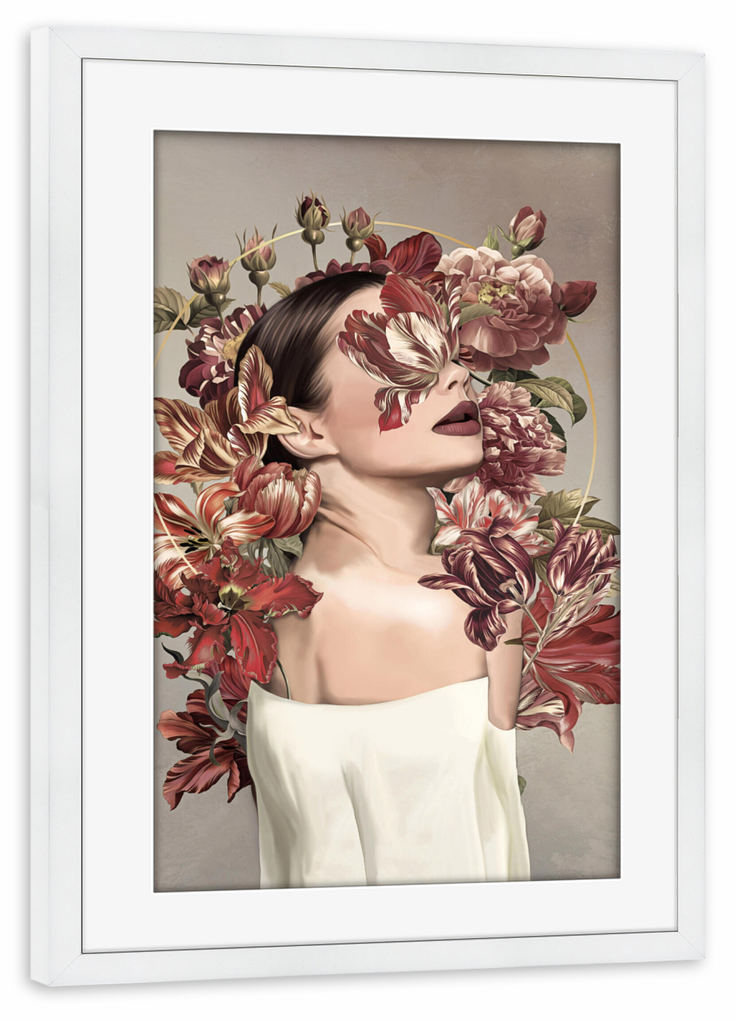 Poster mit Rahmen weiß "Luise" artboxONE - Floral,Menschen,Fashion - Floral,Bouquet,Blumen,Frau,Heiligenschein,Photomerge,High fashion,Tulpen,Rosen