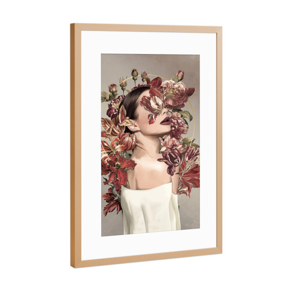 Poster mit Rahmen Kupfer "Luise" artboxONE - Floral,Menschen,Fashion - Floral,Bouquet,Blumen,Frau,Heiligenschein,Photomerge,High fashion,Tulpen,Rosen