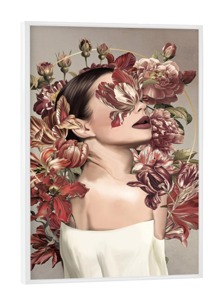 Poster mit weißem Rahmen "Luise" artboxONE - Floral,Menschen,Fashion - Floral,Bouquet,Blumen,Frau,Heiligenschein,Photomerge,High fashion,Tulpen,Rosen