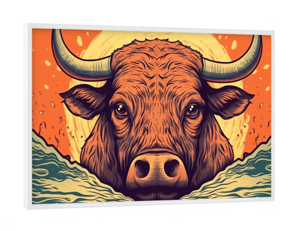 Poster mit weißem Rahmen "Rind im Sonnenuntergang" artboxONE - Tiere - Logo,Rind,Illustration,Sonnenuntergang,Wasser,Farbig,Ochse,Büffel,Orange