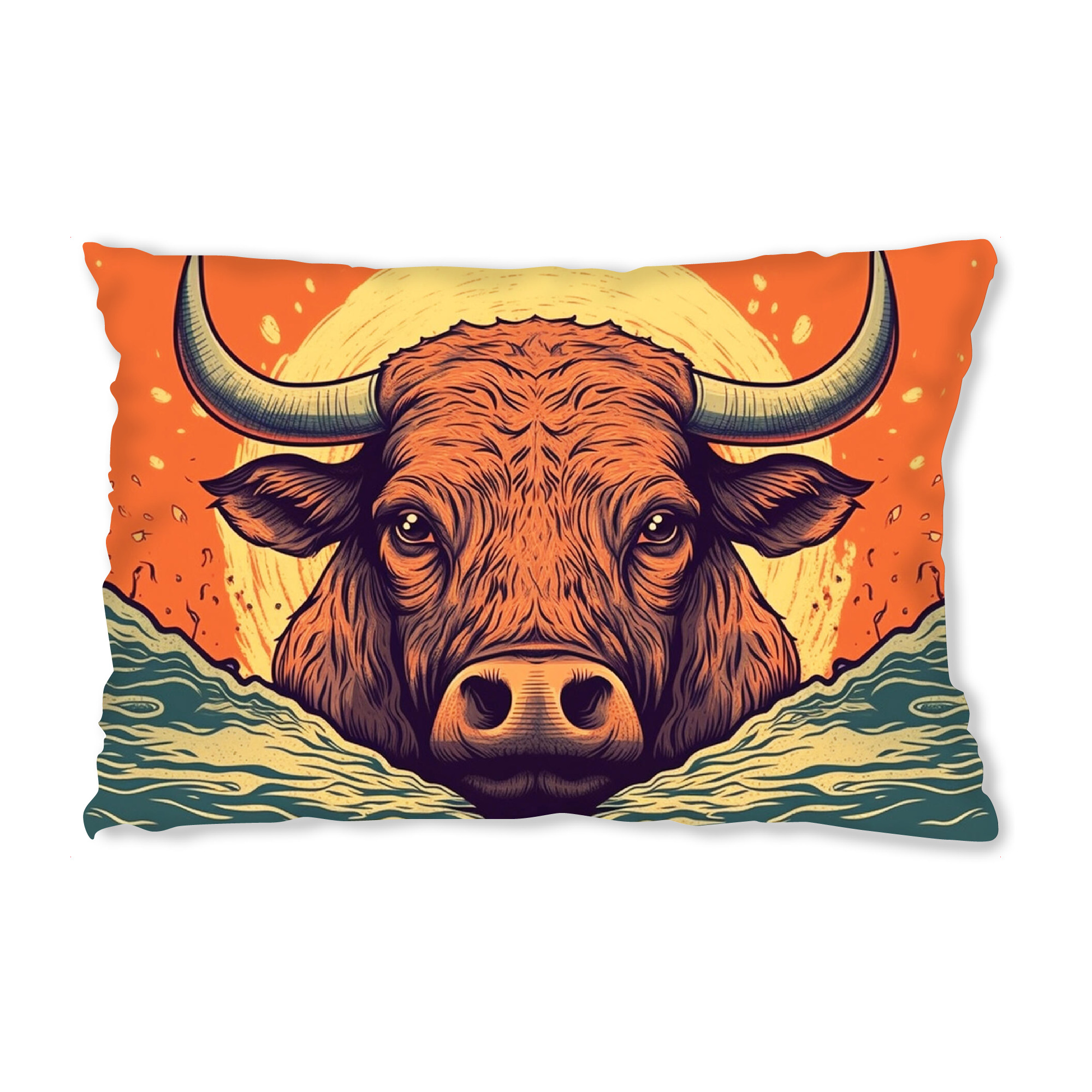 Design-Kissen "Rind im Sonnenuntergang" artboxONE - Tiere - Logo,Rind,Illustration,Sonnenuntergang,Wasser,Farbig,Ochse,Büffel,Orange