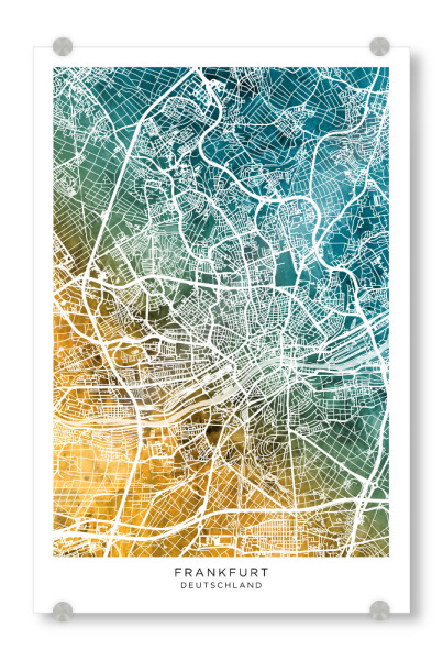 Acrylglasbild "Frankfurt Stadtplan Blaugrün" artboxONE - Städte - Frankfurt,Deutschland,Stadtkarte,Karte,Aquarell,Malerei