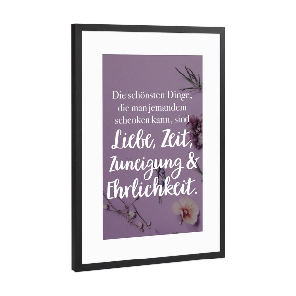 Poster mit Rahmen Schwarz (Metallic) "Liebe, Zeit, Zuneigung" artboxONE - Typografie,Floral,Liebe