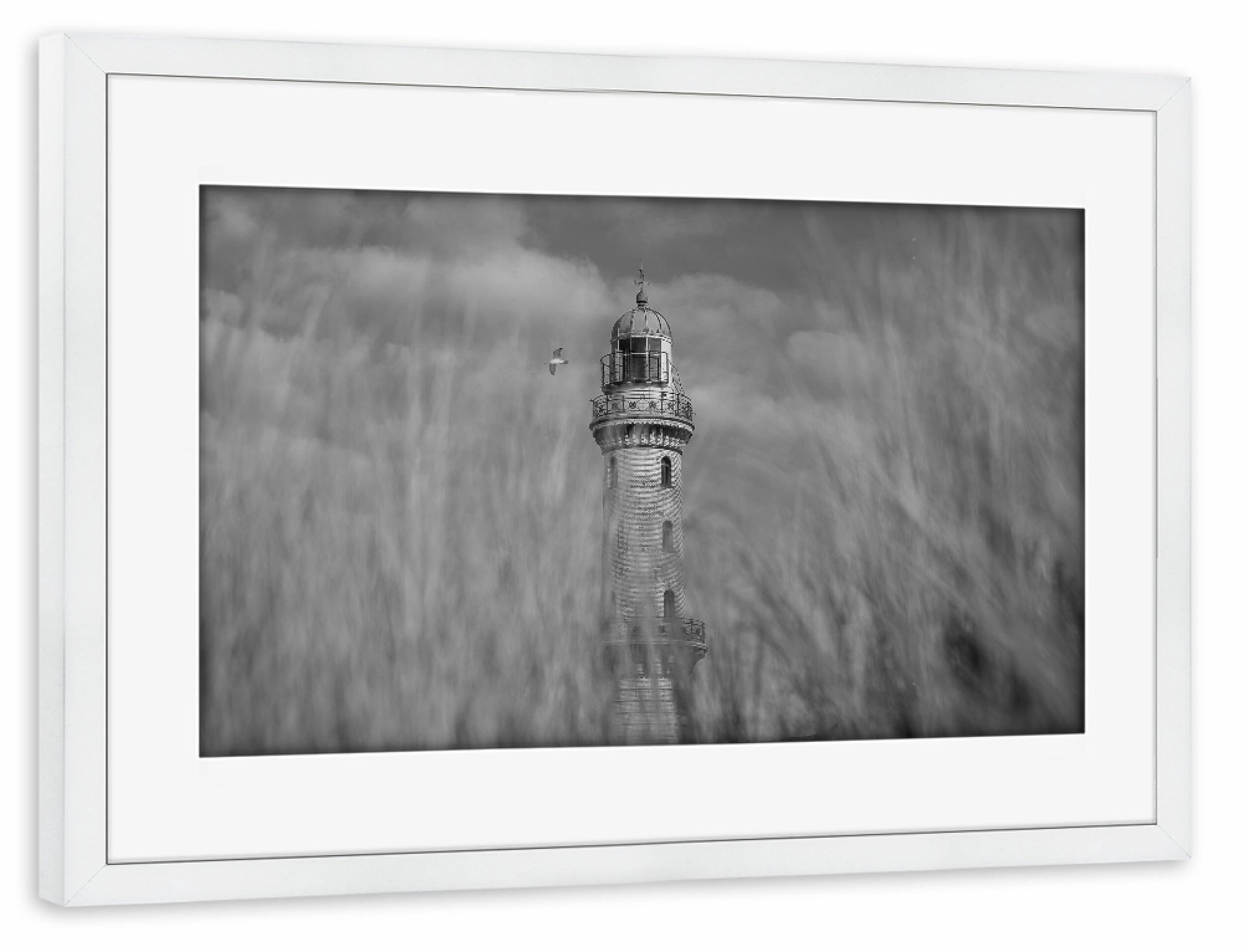 Poster mit Rahmen weiß "Leuchtturm Warnemünde monochrom" artboxONE - Reise,Architektur,Reise / Strand und Meer