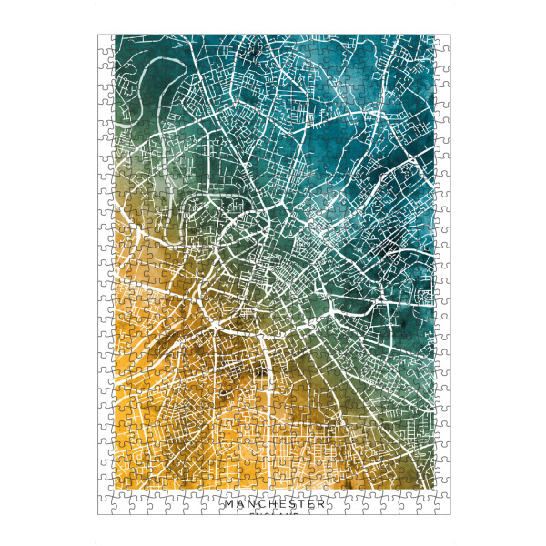 Puzzle Ravensburger "Manchester Stadtplan Blaugrün" artboxONE - Städte - Manchester,England,Stadtkarte,Karte,Stadtplan,Aquarell,Malerei