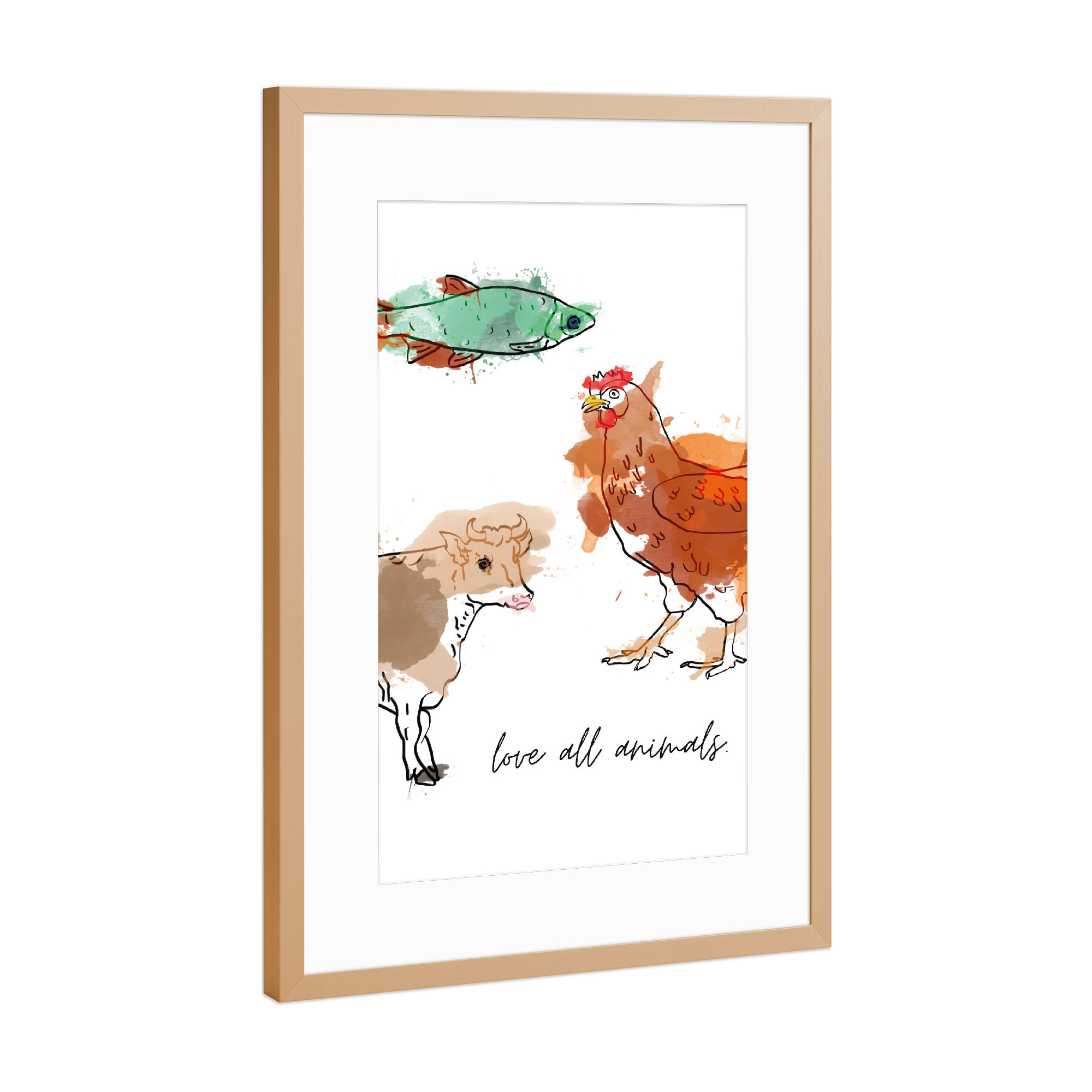 Poster mit Rahmen Kupfer "Liebe alle Tiere" artboxONE - Tiere - Tiere,Tiere,Liebe,Liebe,Vegan,Gemüse,Huhn,Kuh,Fisch