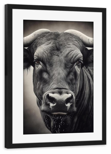 Poster mit Rahmen schwarz "Portrait eines Büffels" artboxONE - Tiere - Büffel,Tier,Rind,Afrika,Portrait,Schwarzweiß,Natur,Steppe,Ausdrucksstark