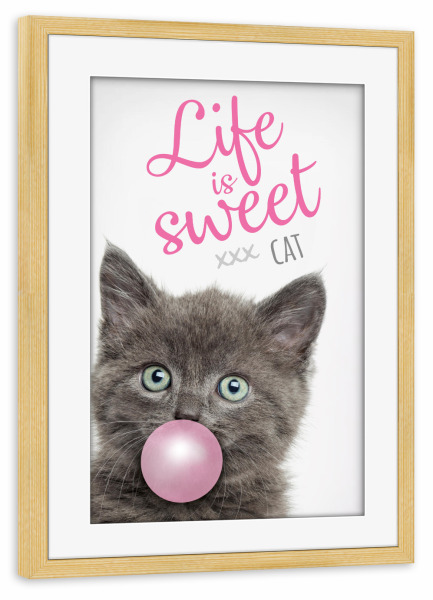 Poster mit Rahmen kiefer "Grey Cat With Bubble Gum" artboxONE - Typografie,Tiere,Lustig