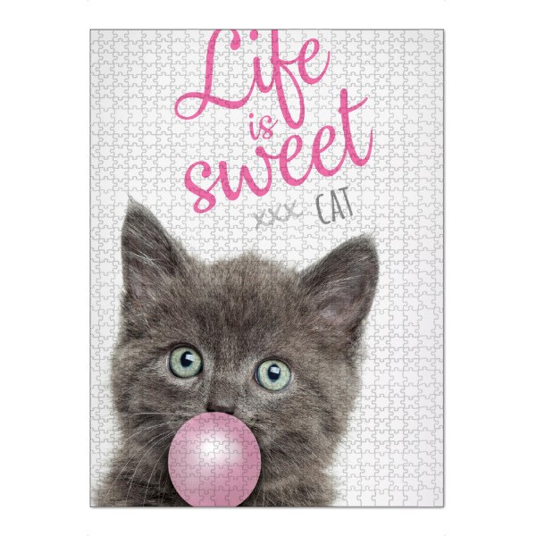 Puzzle Ravensburger "Grey Cat With Bubble Gum" artboxONE - Typografie,Tiere,Lustig - Katze,Tier,Fotografie,Sweet,Typografie,Cat,Kaugummi,Modern,Fun