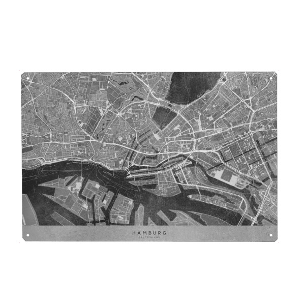 Metall Poster "Graue Karte - Hamburger Innenstadt" artboxONE - Kartografie - Hamburg,Deutschland,Vintage,Karte,Schwarz und weiß,Grau - Blechschild