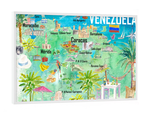 Poster mit weißem Rahmen "Venezuela Illustrierte Karte" artboxONE - Reise,Reise / Länder,Kartografie