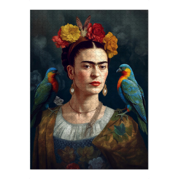 Puzzle Ravensburger "Frida Kahlo y Calderón" artboxONE - Menschen - Frida kahlo,Mexico,Malerin,Portrait,Creative,Vintage,Vögel,Selbstporträts,Bunt