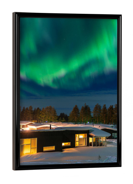 Poster mit schwarzem Rahmen "Polarlicht, Hütten, Schnee" artboxONE - Natur,Reise,Architektur,Reise / Länder