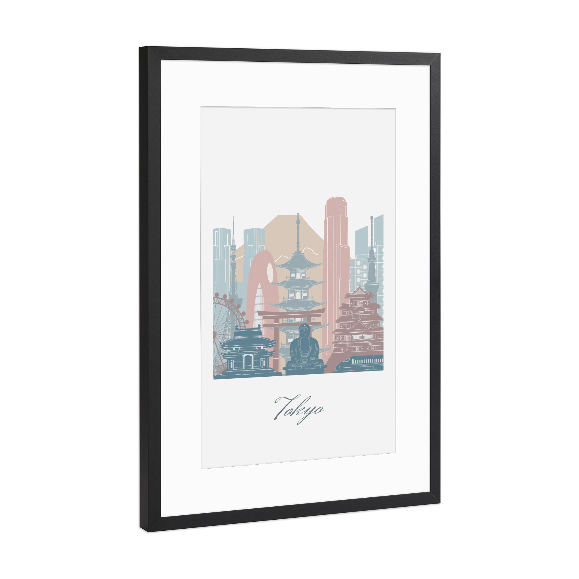 Poster mit Rahmen Schwarz (Metallic) "Tokio-Skyline in Erdtönen" artboxONE - Städte,Reise,Architektur,Städte / Tokio,Kartografie