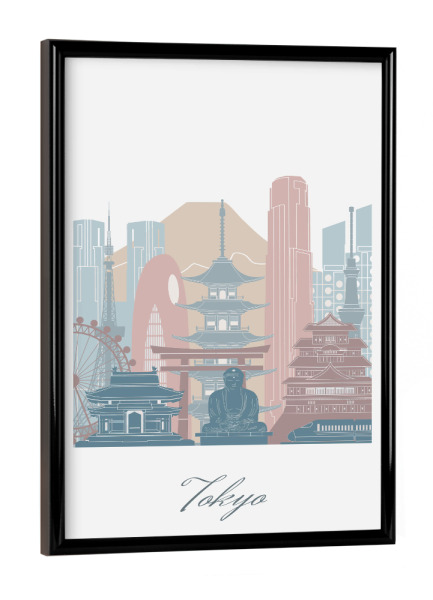 Poster mit schwarzem Rahmen "Tokio-Skyline in Erdtönen" artboxONE - Städte,Reise,Architektur,Städte / Tokio,Kartografie