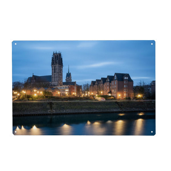 Holzbild "Duisburg at Night" artboxONE - Städte,Architektur - Innenhafen,Duisburger alter hafen,Alte stadtkirche,Nordrhein westfalen,Blaue stunde