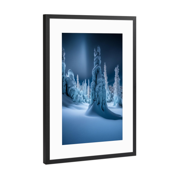 Poster mit Rahmen Schwarz (Metallic) "Frozen Winter Trees" artboxONE - Natur,Abstrakt - Ai,Art,Winter,Trees,Bäume,Snow,Schnee,Ice,Iced,Night,Blue hour