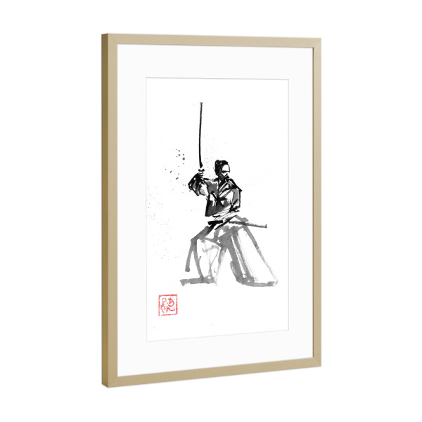 Poster mit Rahmen Gold "Samurai im Garde neu" artboxONE - Menschen,Reise / Asien,Männer - Sumie,Japan,Samurai,Krieger,Kämpfer