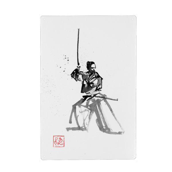 Metall Poster "Samurai im Garde neu" artboxONE - Menschen,Reise / Asien,Männer - Sumie,Japan,Samurai,Krieger,Kämpfer - Blechschild