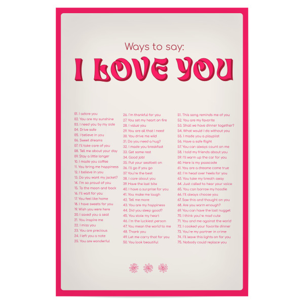 Poster "Ways to say: I love You - pink" artboxONE - Typografie,Liebe,Für Mama - Liebe,Emotionen,Gefühle,Love,Typografie,Typo,Spruch,Zitat,Retro