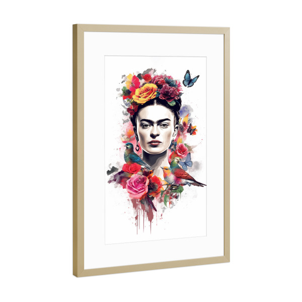 Poster mit Rahmen Gold "Frida Kahlo Flowers" artboxONE - Floral,Menschen