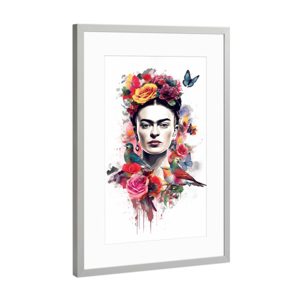 Poster mit Rahmen Silber "Frida Kahlo Flowers" artboxONE - Floral,Menschen