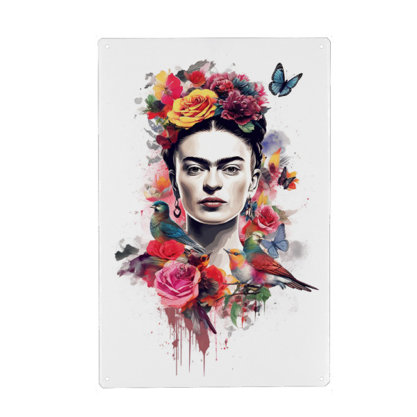 Metall Poster "Frida Kahlo Flowers" artboxONE - Floral,Menschen - Frida kahlo,Blumen,Vögel,Schmetterlinge,Bunt,Watercolor,Mexico,Malerin,Creative